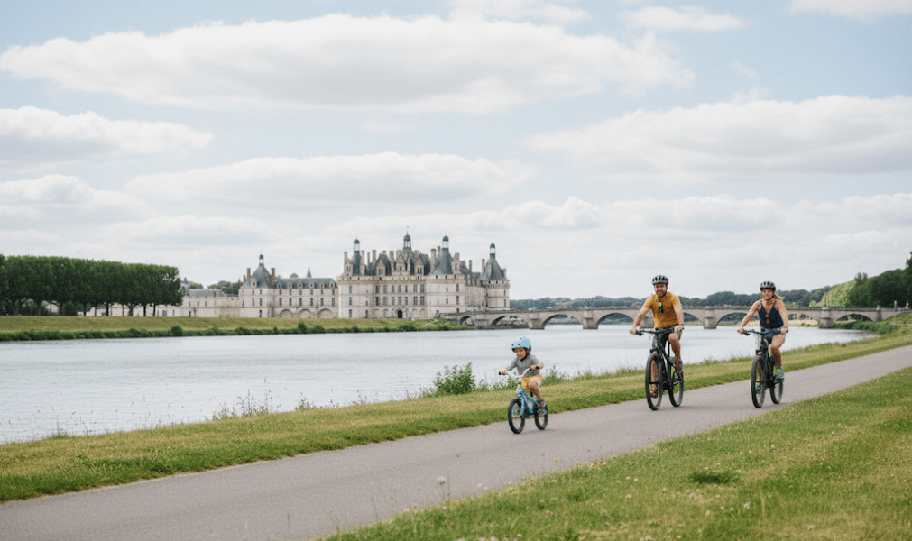 une famille à vélo en séjour à AMboise sur les bords de Loire